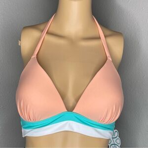 NWT Stylish Swimwear Beach White and Aqua Halter Bikini Top Size Large